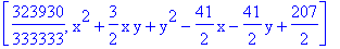[323930/333333, x^2+3/2*x*y+y^2-41/2*x-41/2*y+207/2]
